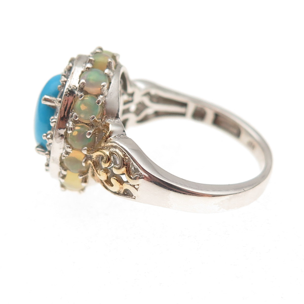 Chuck Clemency Sterling Silver 2-Tone Real Turquoise Opal & Topaz Ring Size 8.25