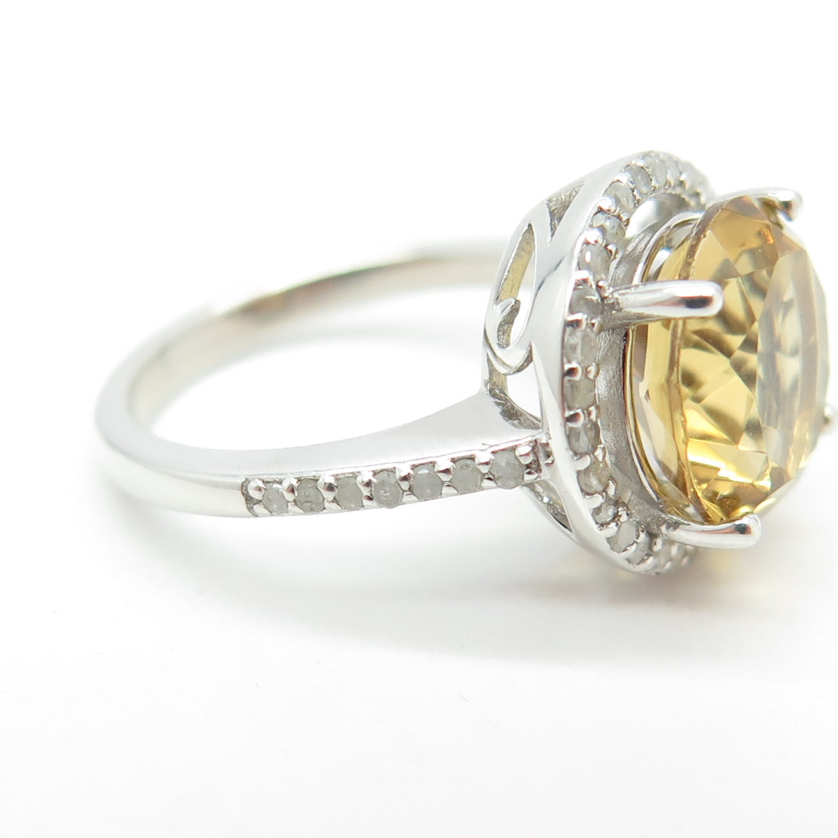 925 Sterling Silver Real Round-Cut Diamond & Citrine Engagement Ring Size 5
