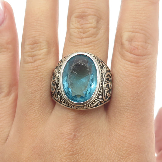 925 Sterling Silver Vintage Oval-Cut Blue Glass Floral Ornate Ring Size 11.5