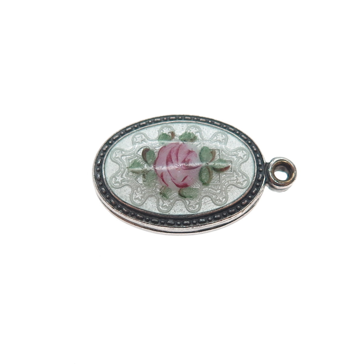 925 Sterling Silver Antique Enamel Rose Flower St. Mary Jesus Mini Slide Pendant