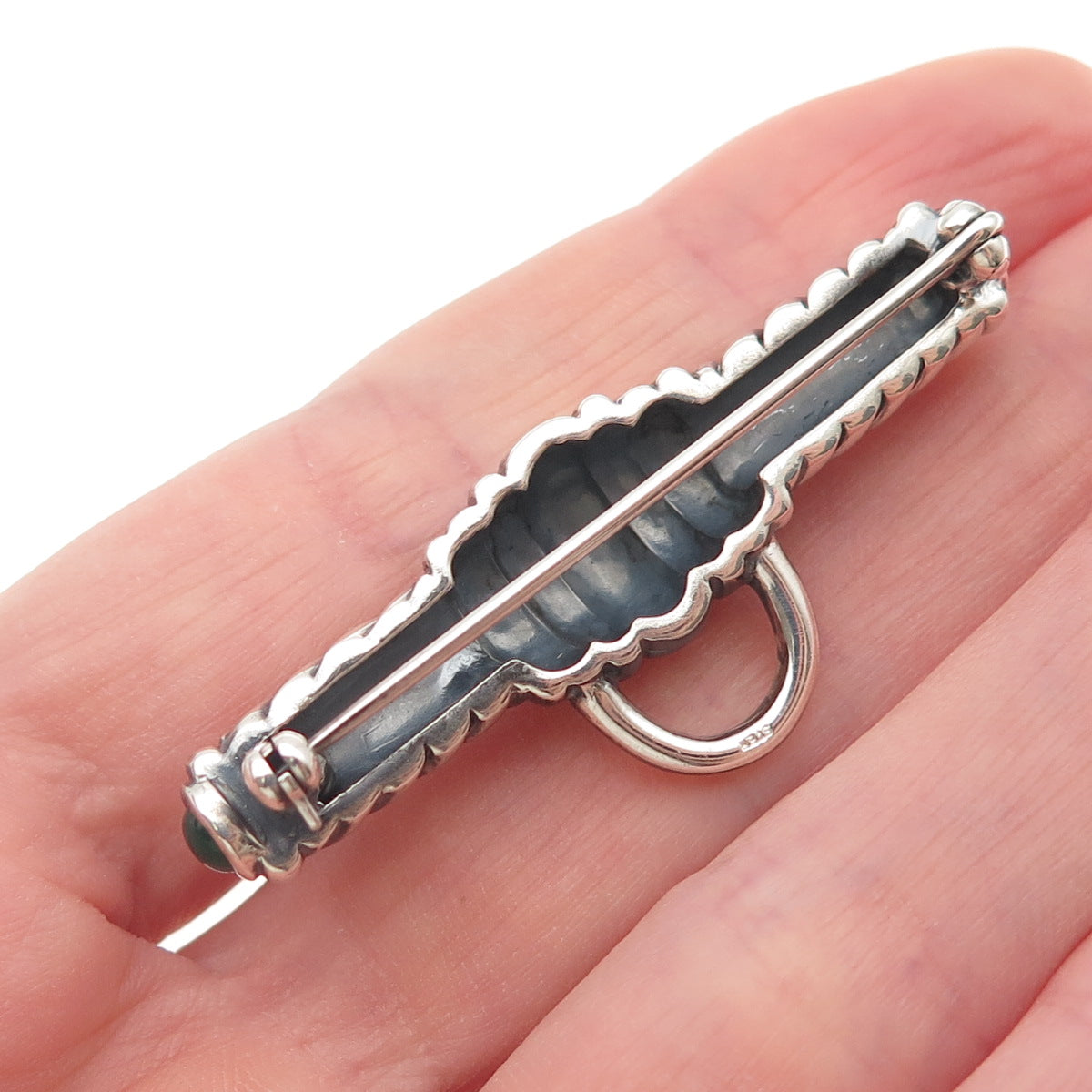 925 Sterling Silver Vintage Real Green Onyx Modernist Charm Holder Pin Brooch