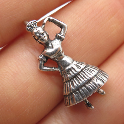 925 Sterling Silver Vintage Flamenco Dancer Oxidized 3D Charm Pendant