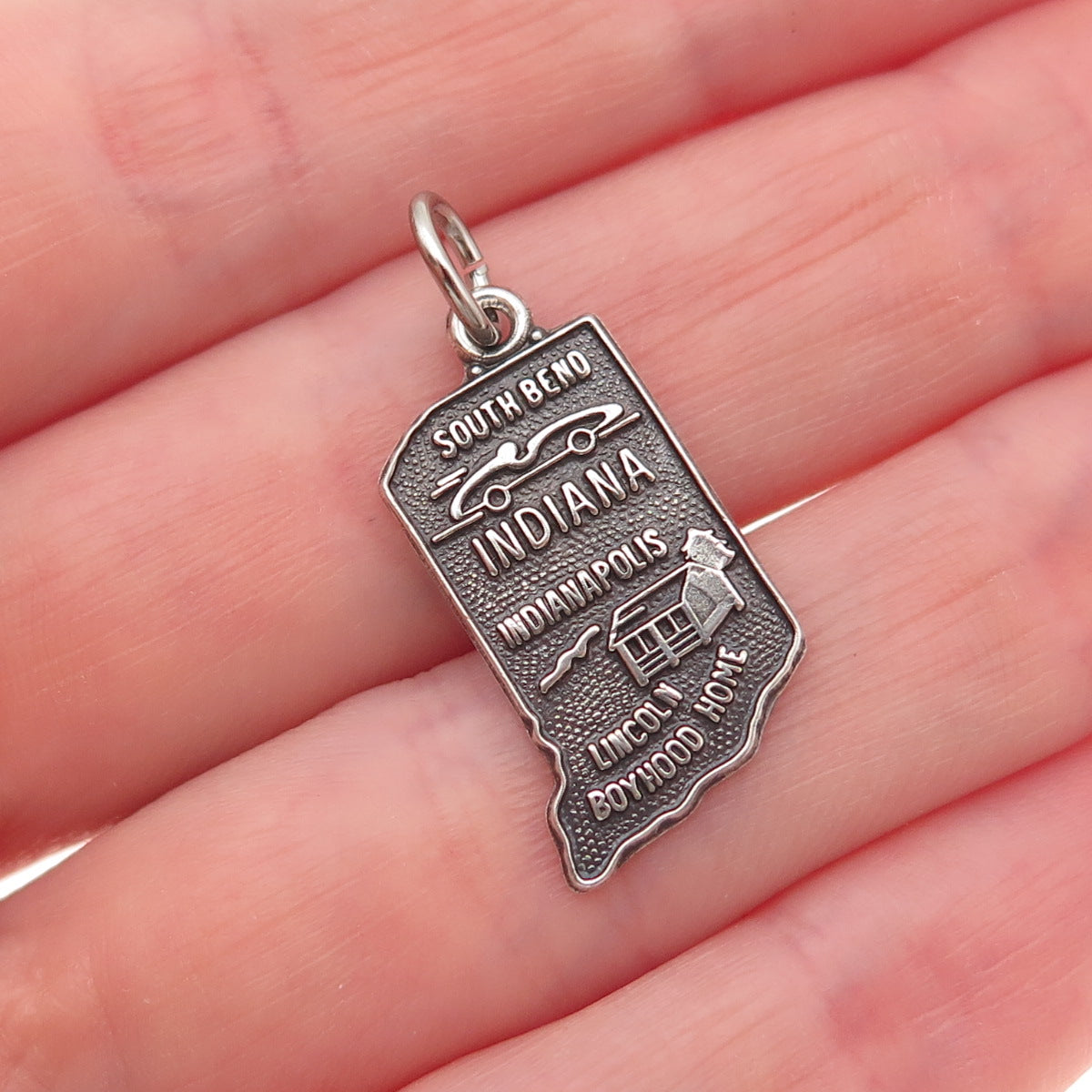 925 Sterling Silver Vintage Indiana State Map Oxidized Mini Charm Pendant