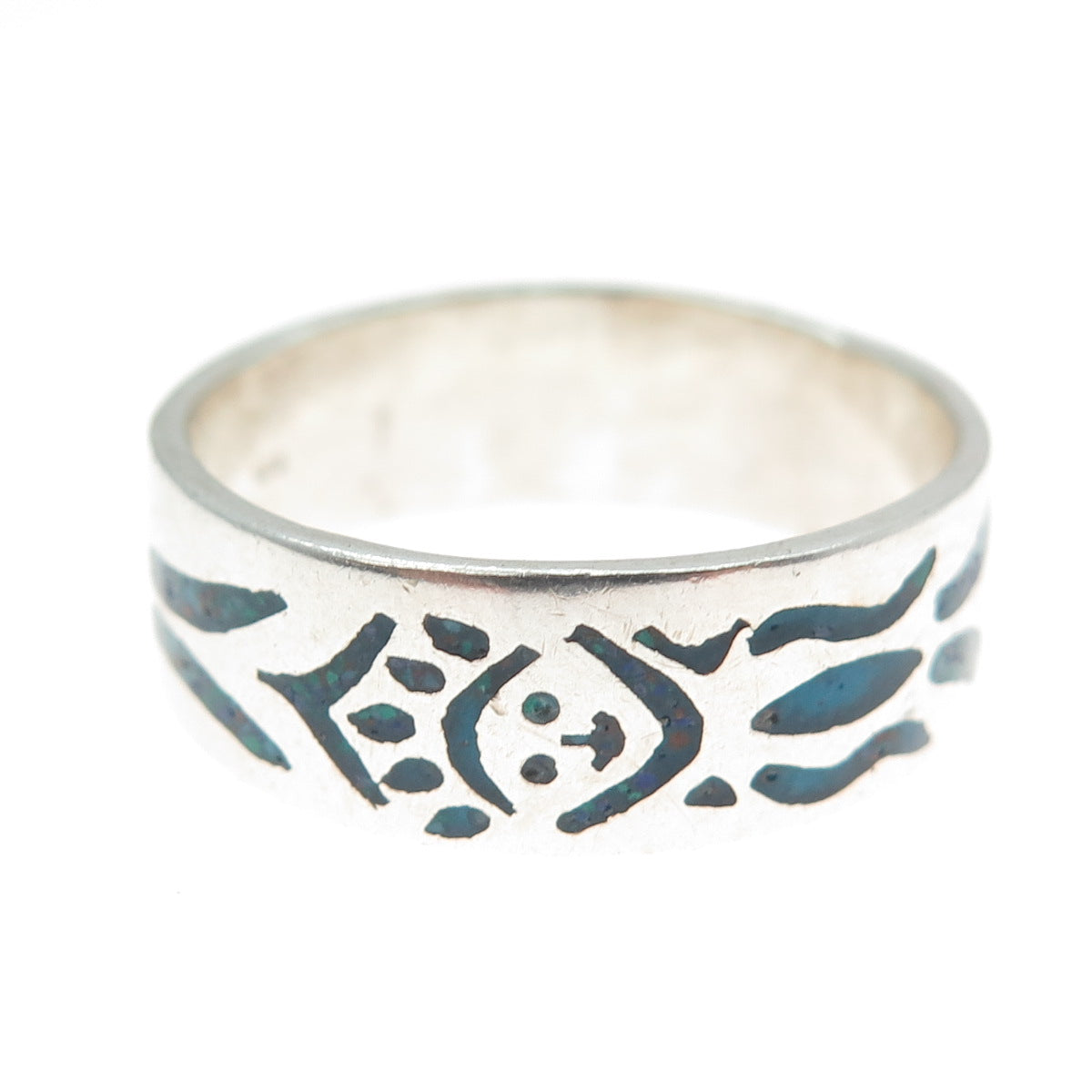925 Sterling Silver Vintage Real Turquoise Inlay Skull Oxidized Ring Size 11.25