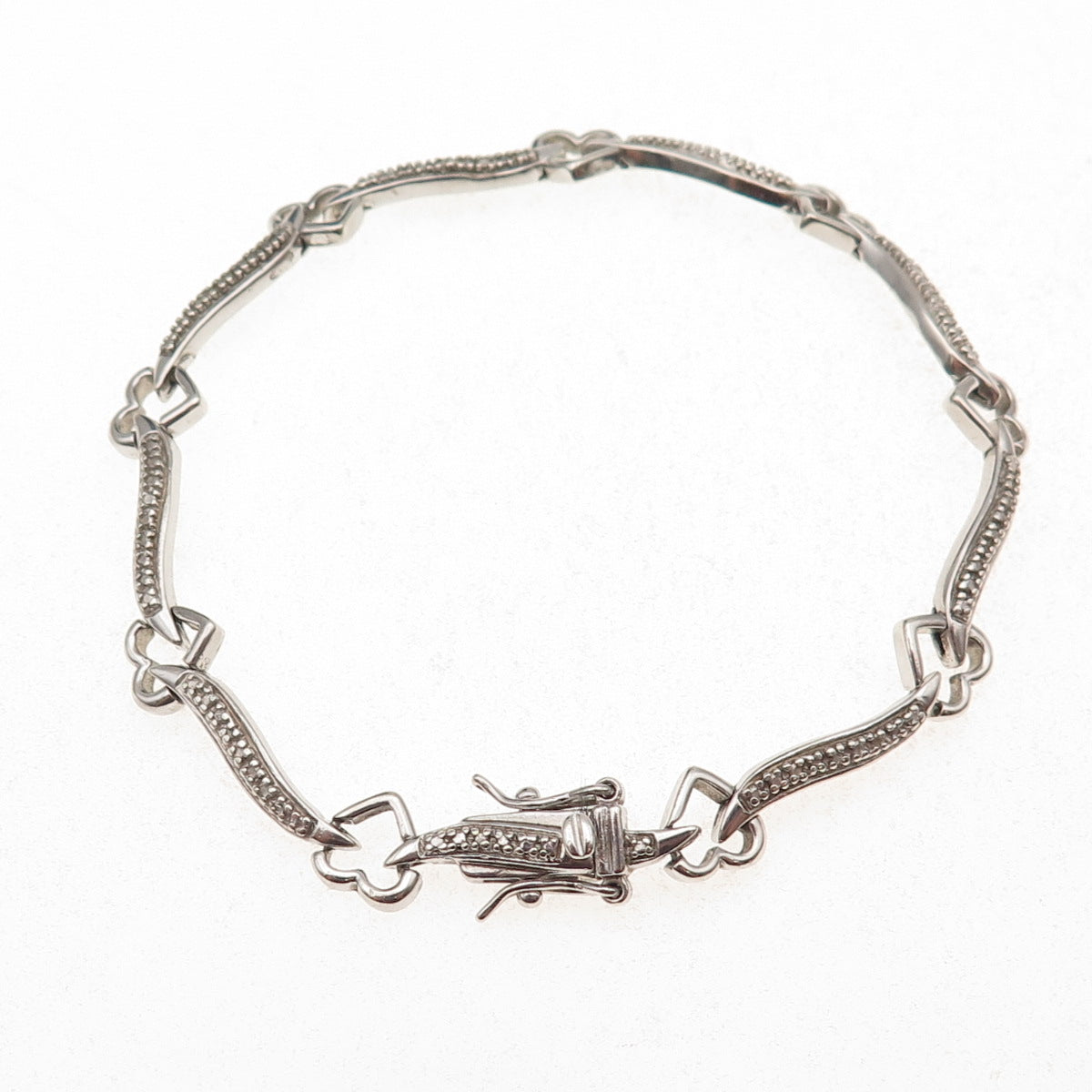 925 Sterling Silver Real Round-Cut Diamond Heart & Bar Link Bracelet 7.25"