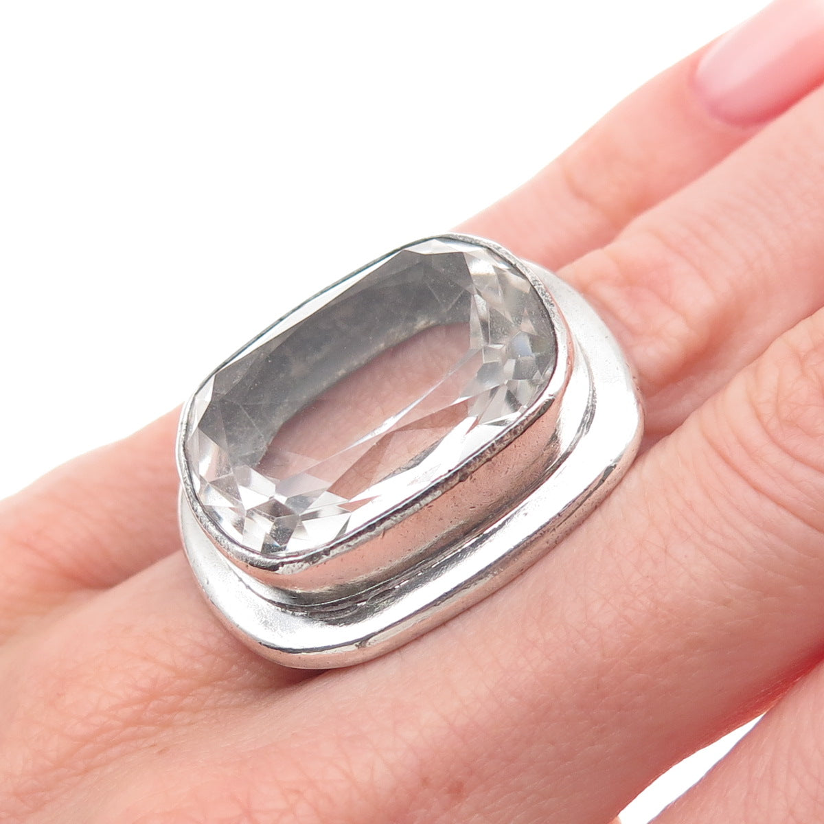 Janice Girardi 925 Sterling Vintage Real Crystal Modernist Oxidized Ring Size 5