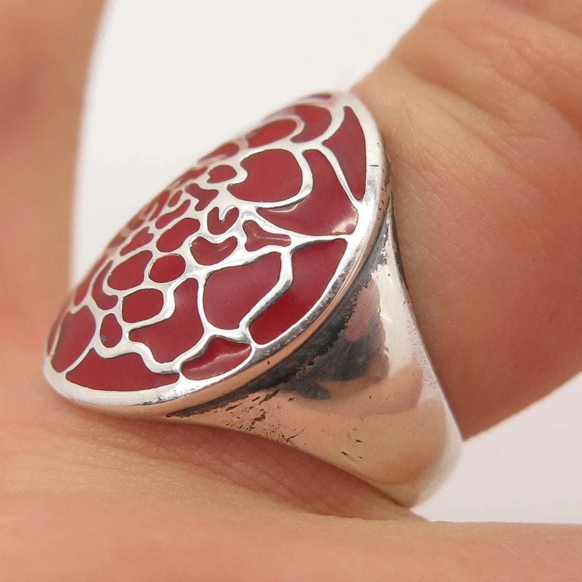 925 Sterling Silver Vintage Red Enamel Wide Ring Size 6.25