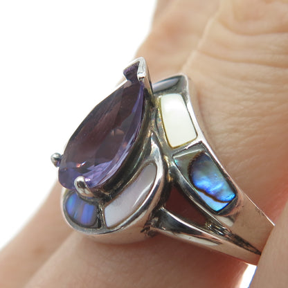 WHITNEY KELLY Sterling Vintage Real Amethyst Abalone Shell & MOP Ring Size 6.25