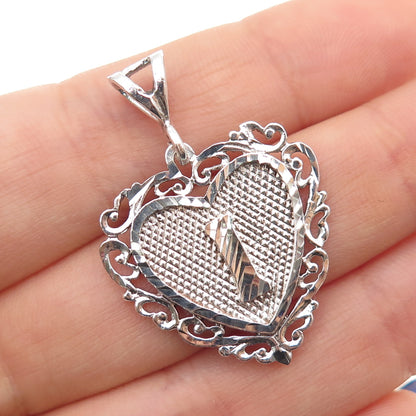 925 Sterling Silver Vintage Letter I Initial Ornate Heart Charm Pendant
