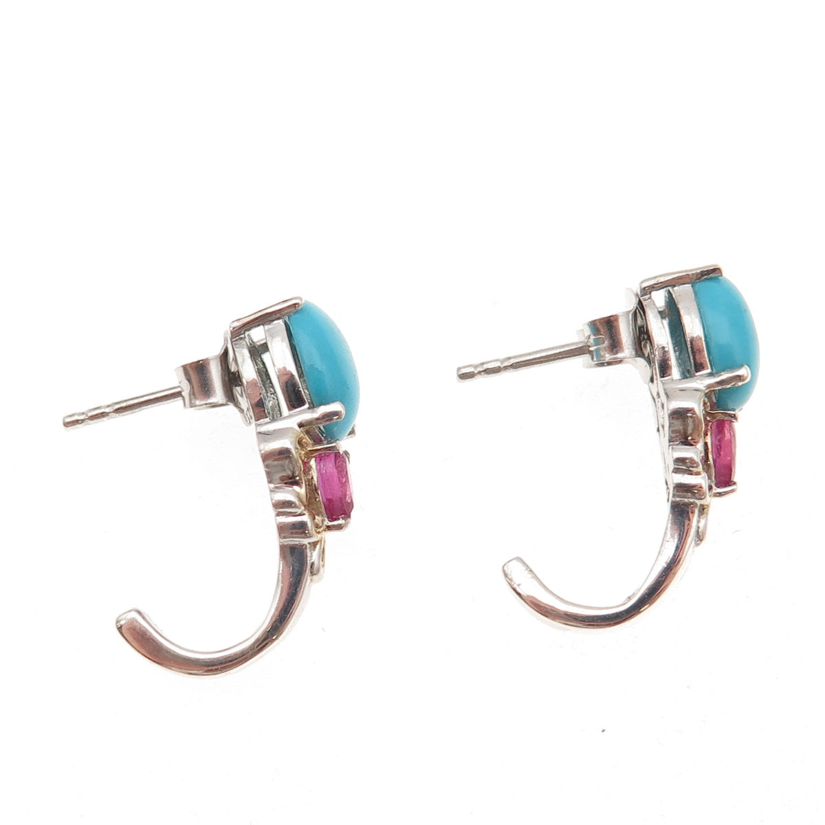 Chuck Clemency 925 Sterling Silver 2-Tone Real Turquoise & Ruby Earrings