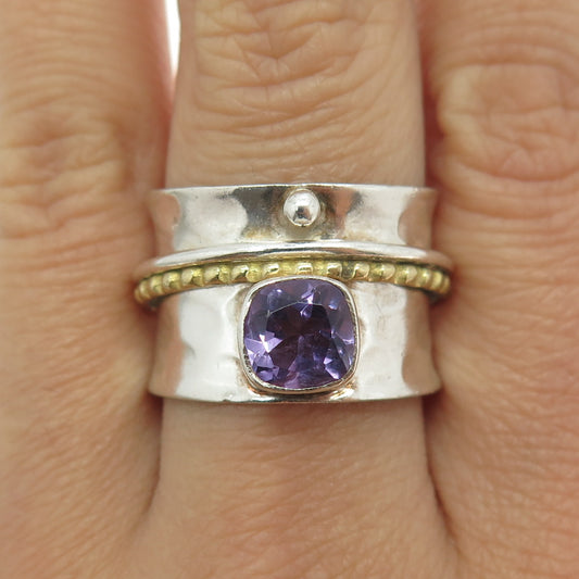 925 Sterling Silver 2-Tone Vintage Amethyst Gem Hammered Finish Ring Size 9.75