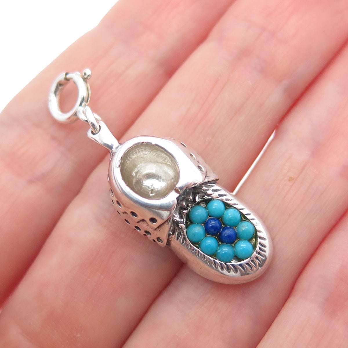 CAROLYN POLLACK Sterling Vintage Turquoise & Lapis Shoe Spring Ring Lock Pendant