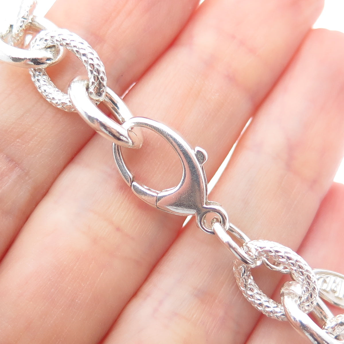 AMME 925 Sterling Silver Textured Cable Link Bracelet 8"
