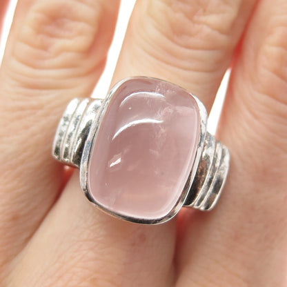 925 Sterling Silver Vintage Real Rose Quartz Modernist Oxidized Ring Size 9.5
