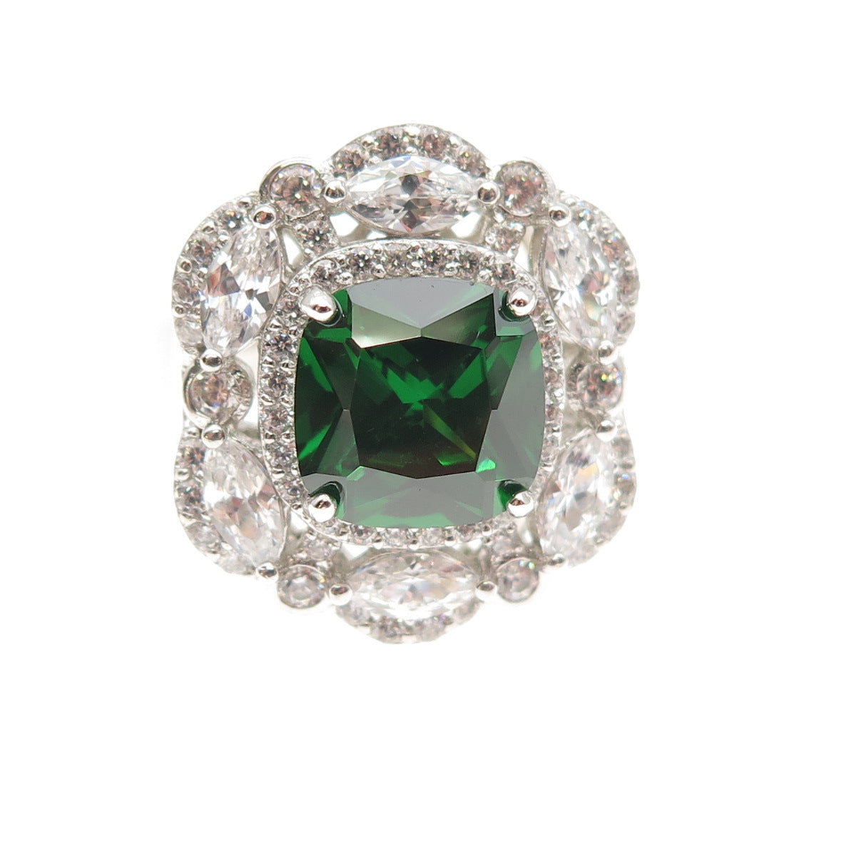 925 Sterling Silver Green & White C Z Bohemian Ring Size 8.25