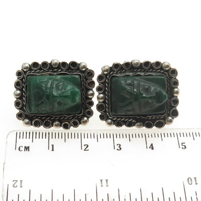 925 Sterling Silver Vintage Mexico Real Carved Jade Aztec Screw Back Earrings