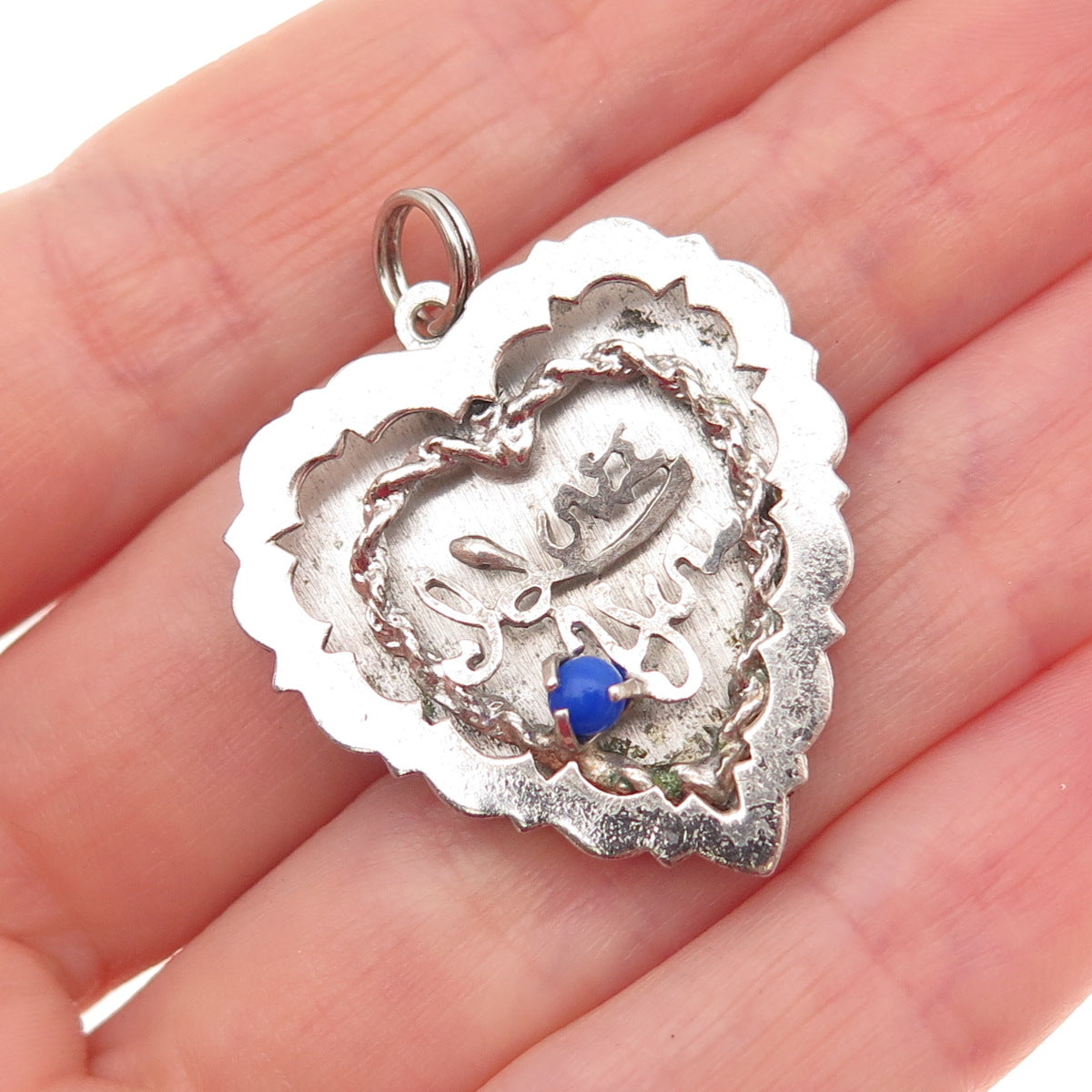 925 Sterling Silver Vintage POM Rhinestone I Love You Heart Charm Pendant