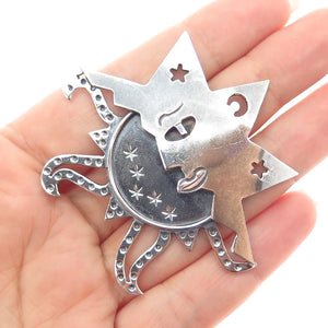 925 Sterling Silver Vintage Mexico Eclipse Sun & Moon Oxidized Pin Brooch