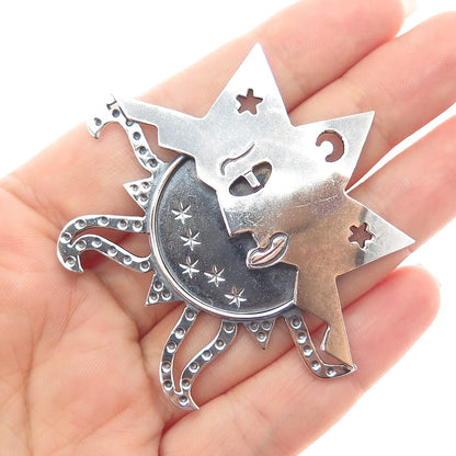 925 Sterling Silver Vintage Mexico Eclipse Sun & Moon Oxidized Pin Brooch