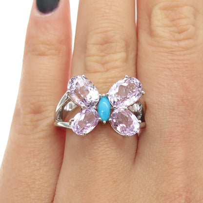 925 Sterling Silver Real Amethyst & Turquoise Butterfly Ring Size 6.75