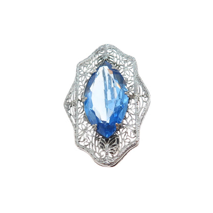 Silver-Tone Antique Art Deco Blue Rhinestone Filigree Pin Brooch