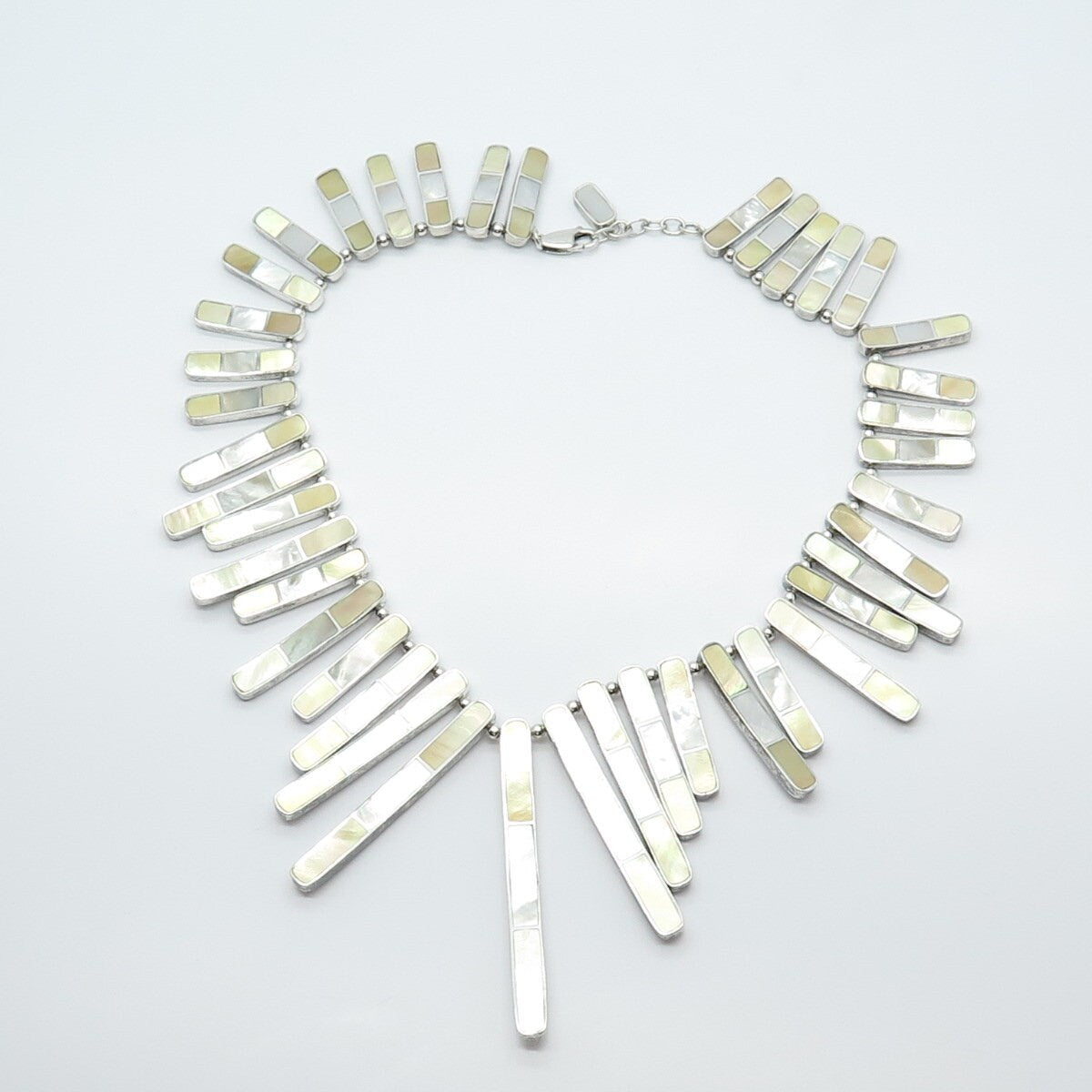 Sterling Silver Vintage ACLEONI Real Mother-of-Pearl Bar Chain Necklace 15"
