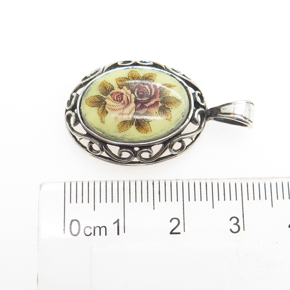 JEZLAINE 925 Sterling Silver Vintage Floral Ceramic Oxidized Swirl Pendant