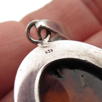 925 Sterling Silver Vintage Real Amber Modernist Pendant