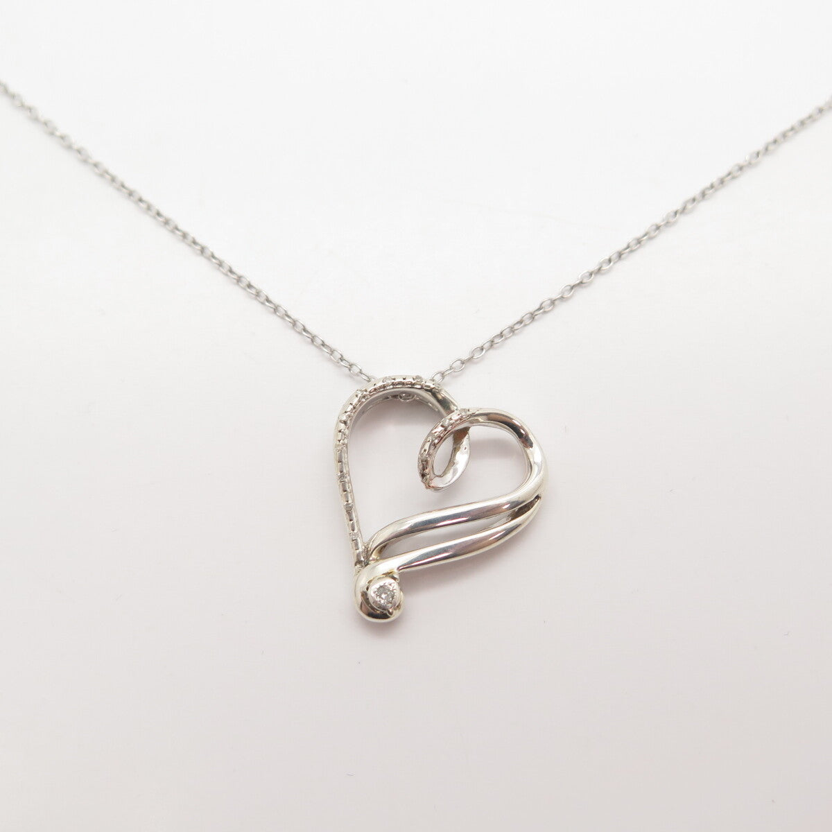 925 Sterling Silver Real White Diamond Open Heart Rolo Chain Necklace 16"