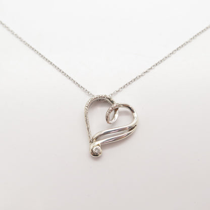 925 Sterling Silver Real White Diamond Open Heart Rolo Chain Necklace 16"