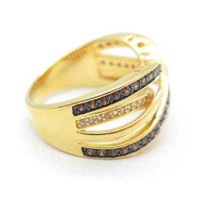 925 Sterling Silver Gold Plated Real Smoky Quartz & C Z Crisscross Ring Size 7