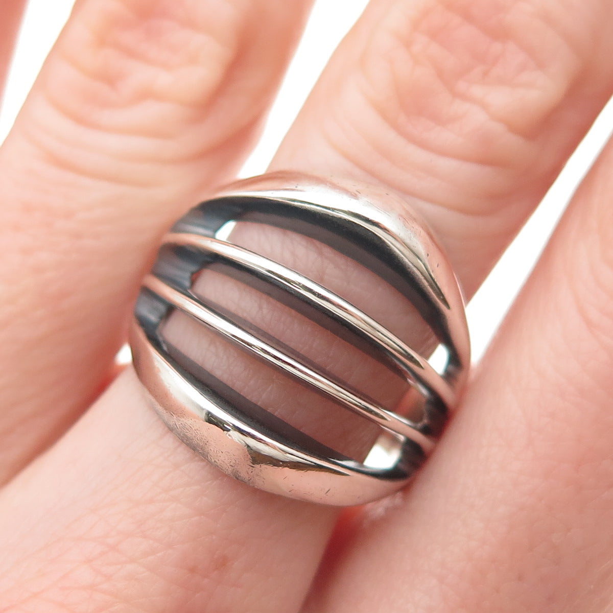 925 Sterling Silver Vintage Mexico Modernist 4-Row Oxidized Ring Size 8.75