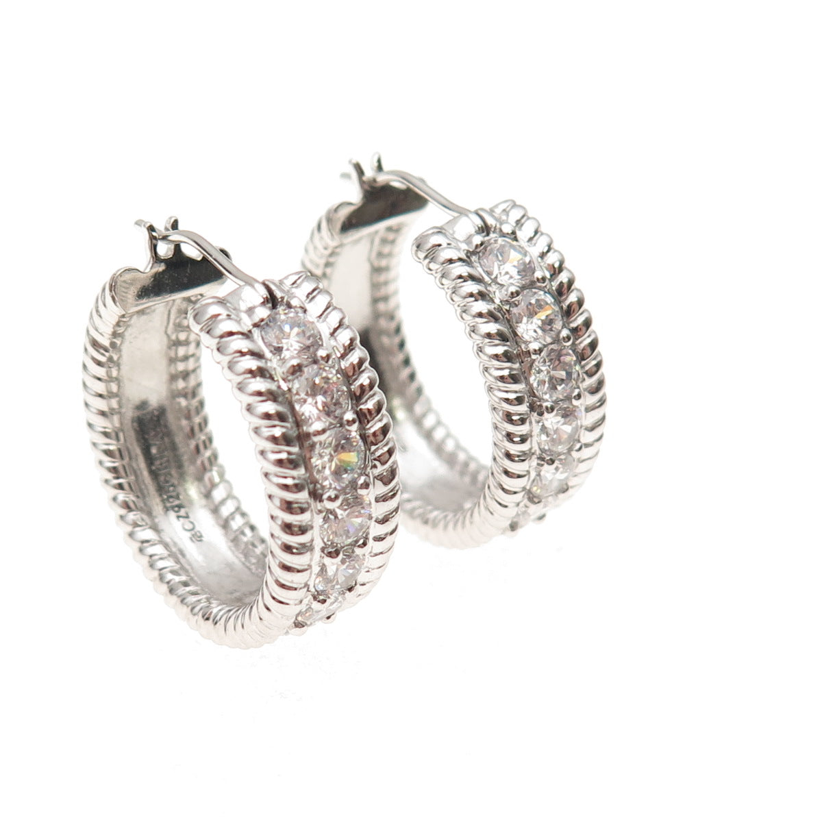 925 Sterling Silver Round-Cut C Z Hoop Earrings