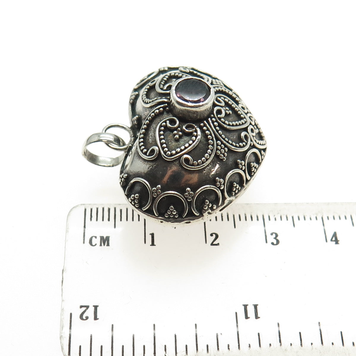 925 Sterling Silver Vintage Real Amethyst Granulated Heart Rattle Pendant