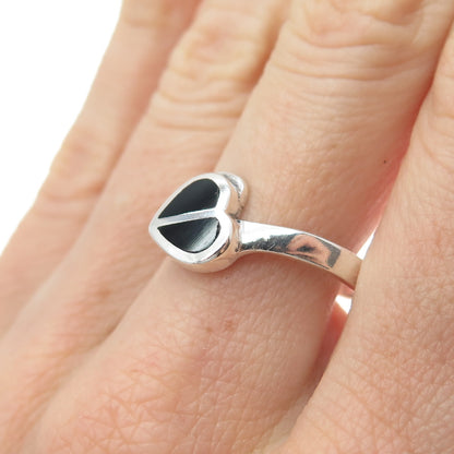 925 Sterling Silver Vintage Real Black Onyx Modernist Heart Ring Size 9.25