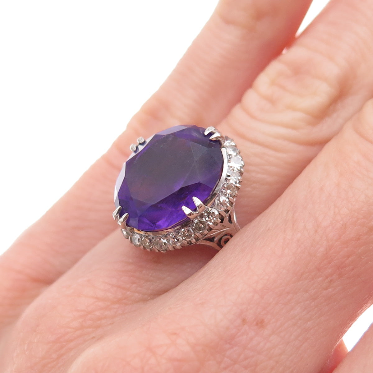 925 Sterling Silver Antique Art Deco Real Diamond & Amethyst Ring Size 5