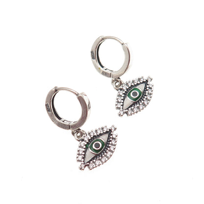 925 Sterling Silver Enamel & C Z Evil's Eye Dangle Charm Hoop Earrings