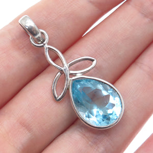 925 Sterling Silver Vintage Real Blue Topaz Celtic Trinity Charm Pendant