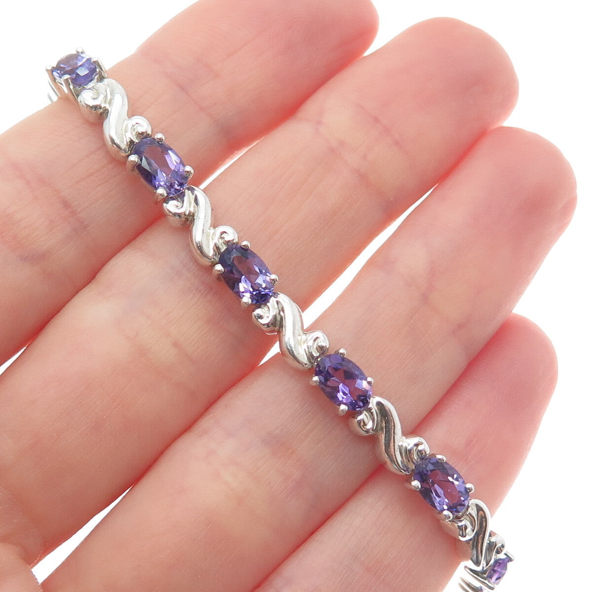 MICHELLE ALBALA 925 Sterling Silver Vintage Amethyst Swirl Link Bracelet 7.25"