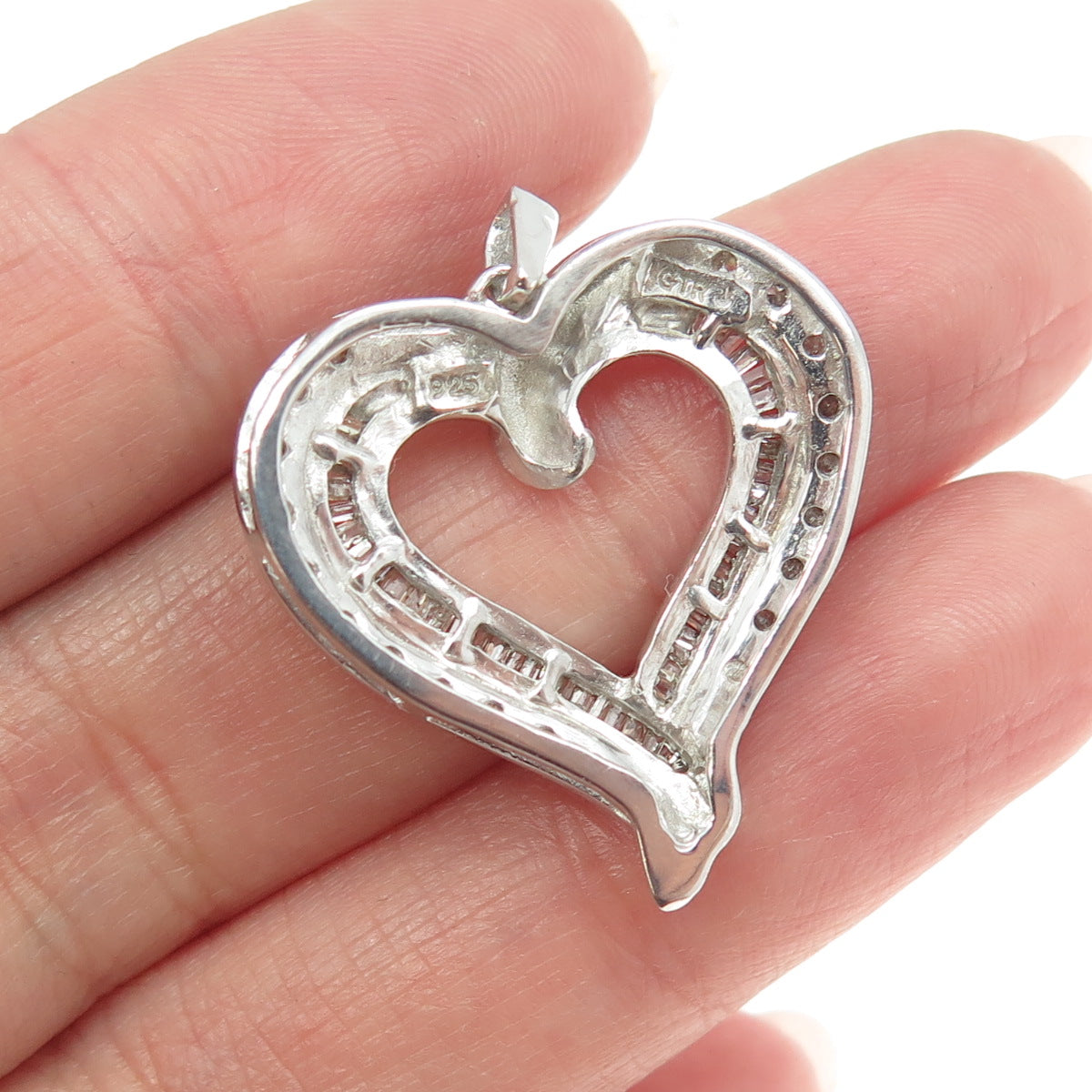 925 Sterling Silver Real Round & Baguette-Cut Diamond Heart Pendant