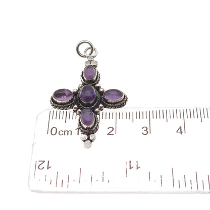 925 Sterling Silver Vintage Real Amethyst Cross Oxidized Charm Pendant