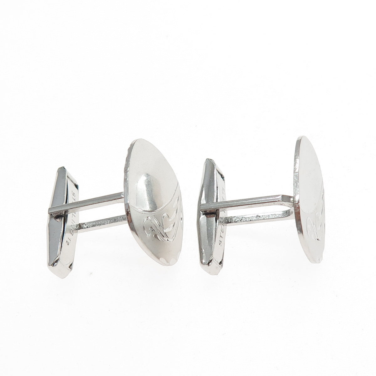 925 Sterling Silver Antique Art Deco T2 Engraved Floral Cushion-Shape Cufflinks