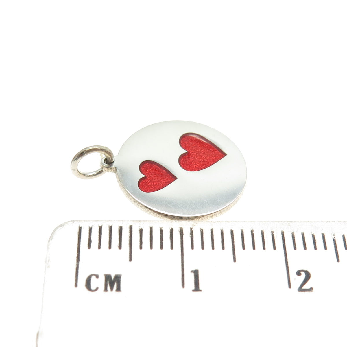 925 Sterling Silver Red Enamel Heart Couple Round Tag Minimalist Charm Pendant