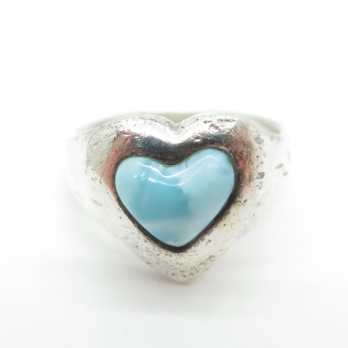 925 Sterling Silver Vintage Real Larimar Gemstone Heart Ring Size 8.25