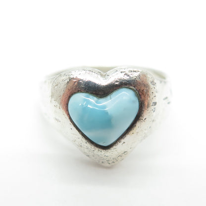 925 Sterling Silver Vintage Real Larimar Gemstone Heart Ring Size 8.25