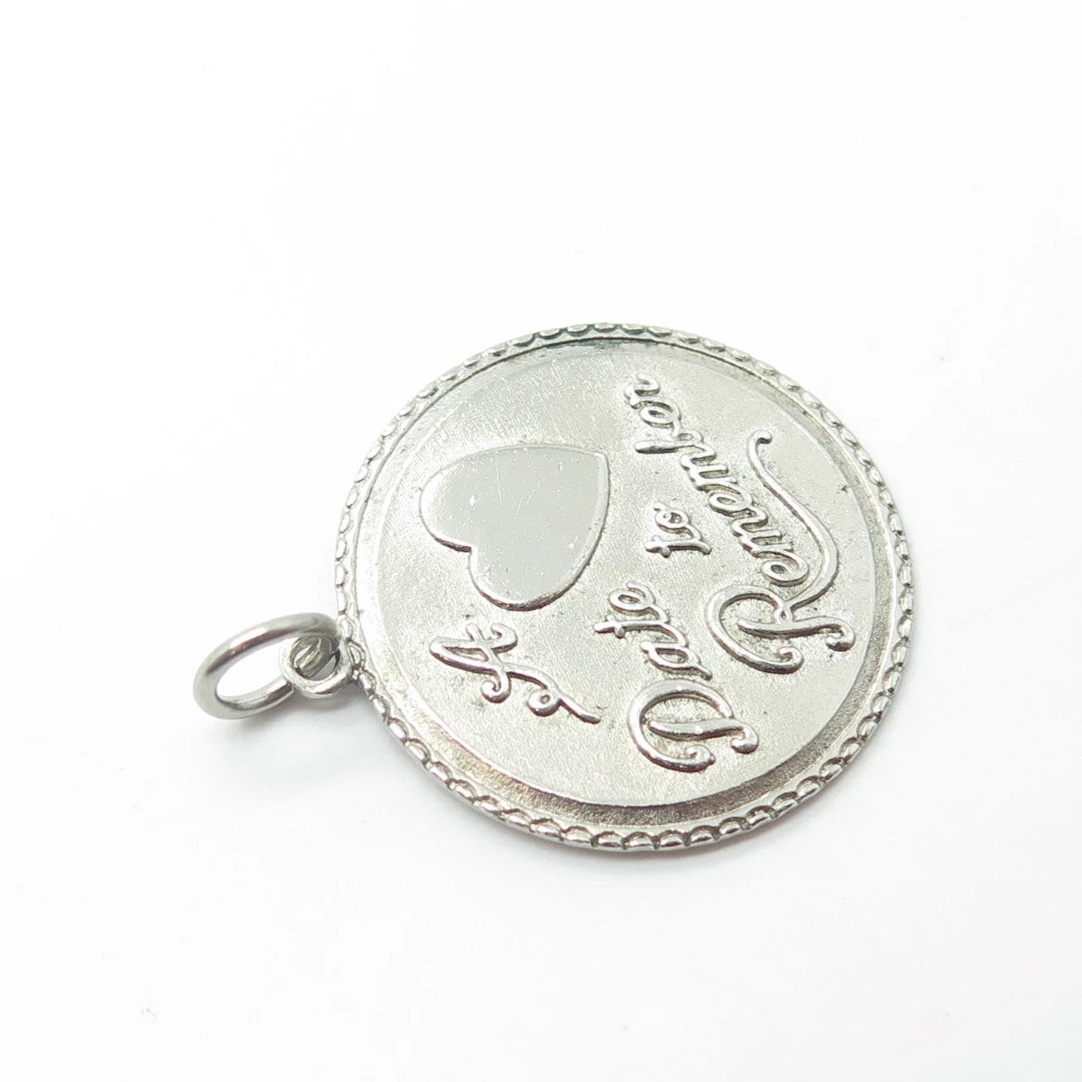 925 Sterling Silver Vintage "A Date To Remember" Heart Round Pendant