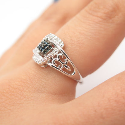 925 Sterling Silver SUN White & Blue Diamond Cutout Ornate Ring Size 7