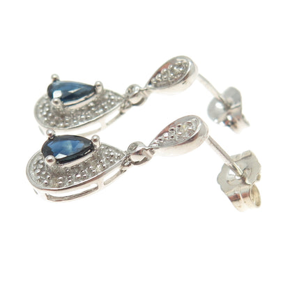 925 Sterling Silver Real Round-Cut Diamond & Pear-Cut Sapphire Dangling Earrings