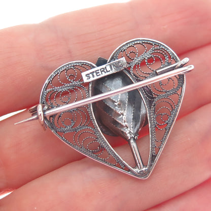 925 Sterling Silver Antique Art Deco Calla Lily Filigree Heart Oxidized Brooch