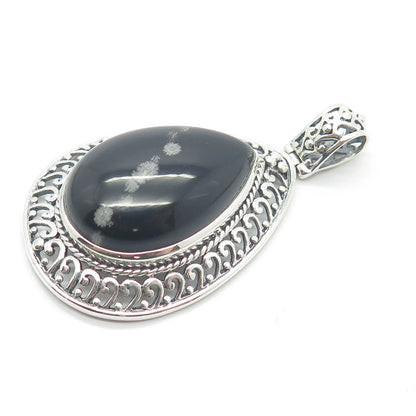 925 Sterling Silver Vintage Real Snowflake Obsidian Gem Teardrop Pendant